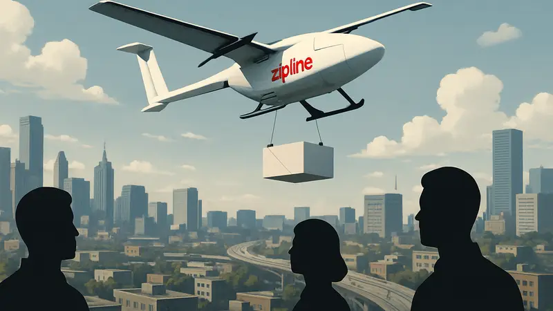 Дрон Zipline летит над городской местностью, доставляя посылку, символизируя инновации в логистике и развитии
