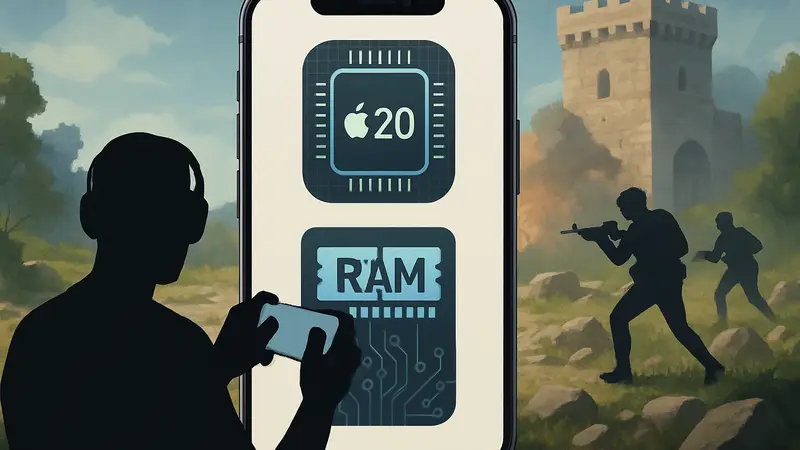 Схематичное изображение iPhone 18 с выделенными чипом A20 и модулями RAM, символизирующими мощь для игр.