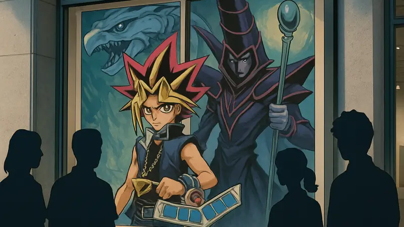 Постер выставки Yu-Gi-Oh Art Works с характерным артом Кадзуки Такахаси, привлекающий фанатов аниме и манги.