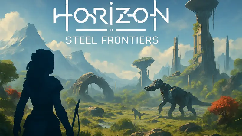 Логотип Horizon с подзаголовком Steel Frontiers на фоне футуристического пейзажа