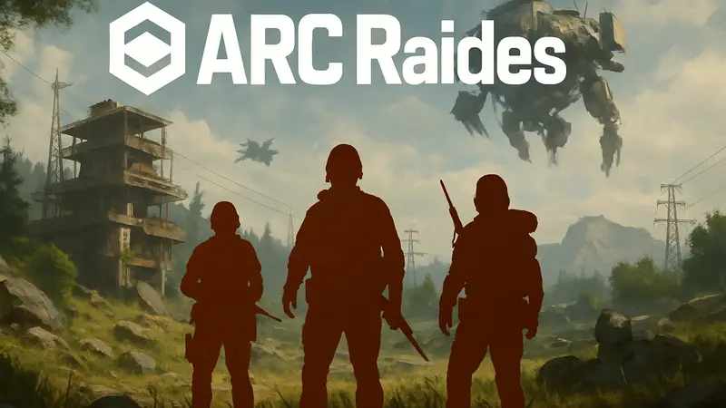 Логотип ARC Raiders, скриншот из игры с персонажами.