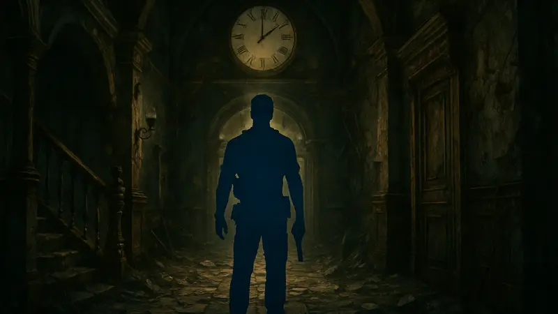 Кадр из Resident Evil Requiem: персонаж в мрачной локации, символизирующий время прохождения игры от Capcom.