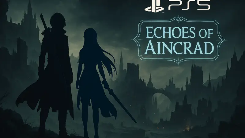Кирито и Асуна из Sword Art Online в темном фэнтезийном мире, логотип Echoes of Aincrad для PS5.
