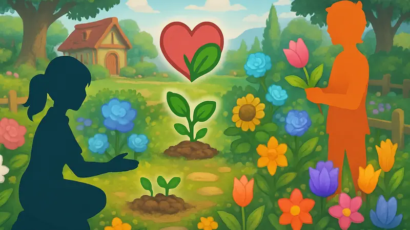 Разнообразные цветы в саду игры Heartopia, показывающие процесс разблокировки и скрещивания.