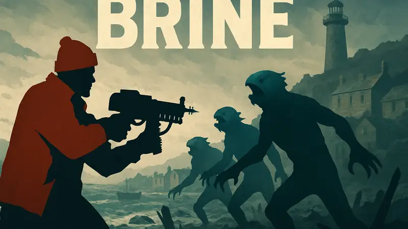 Обложка игры BRINE с изображением рыбака с гвоздеметом, сражающегося с рыболюдьми-мутантами в Корнуолле.