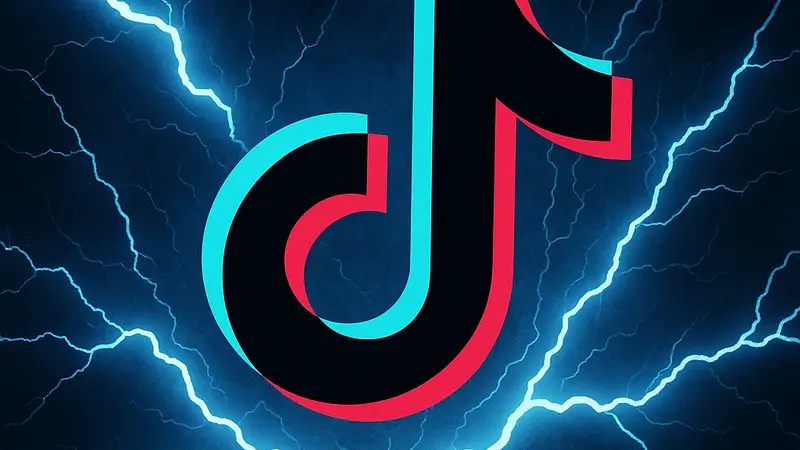 Логотип TikTok на фоне стилизованной электрической молнии или графика сбоя, символизирующий технические неполадки.