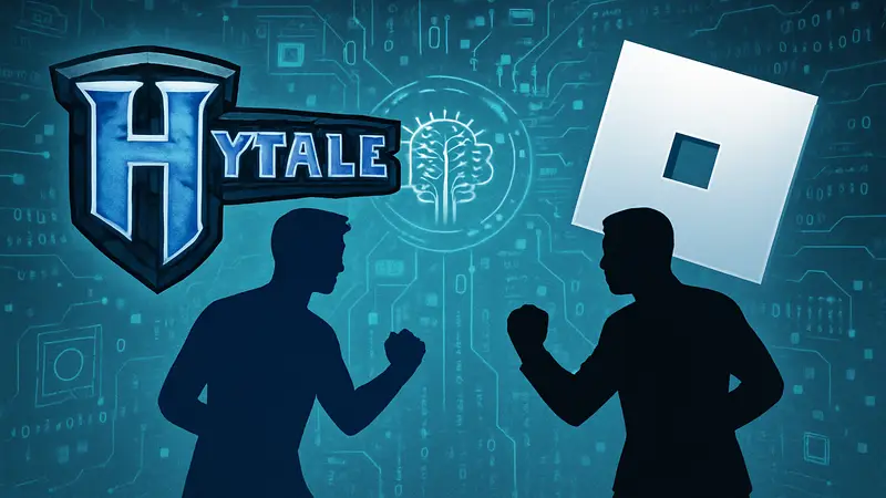 Логотипы Hytale и Roblox на фоне цифровых элементов, символизирующие противостояние ИИ в разработке игр.