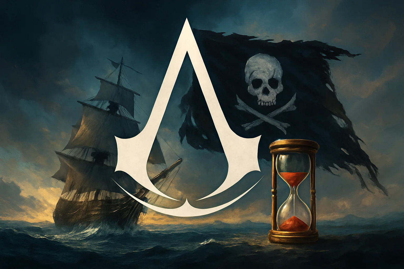Логотип Assassin's Creed Black Flag Remake с изображением пиратского корабля и флага, символизирующий возможную задержку.