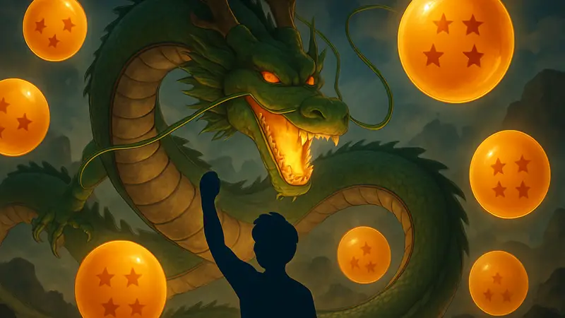 Шенрон, исполняющий желание, на фоне Драконьих Жемчужин, Dragon Ball.