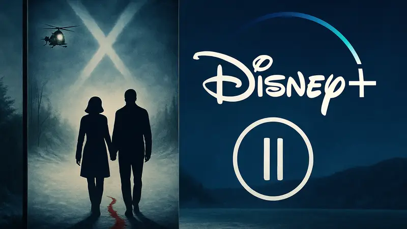 Постер фильма «Секретные материалы: Хочу верить» на фоне логотипа Disney Plus, указывающий на задержку релиза