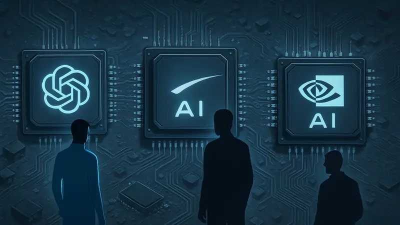 Футуристичные микросхемы ИИ, символизирующие конкуренцию OpenAI, SpaceX и Nvidia.