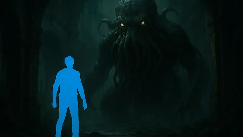 Жуткий монстр или сцена из игры Cthulhu: The Cosmic Abyss в мрачных тонах.