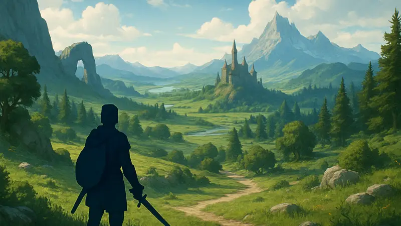 Игрок исследует огромный открытый мир в RPG, наслаждаясь пейзажами.