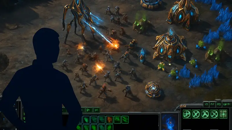 Скриншот игрового процесса Starcraft 2 с юнитами и элементами интерфейса