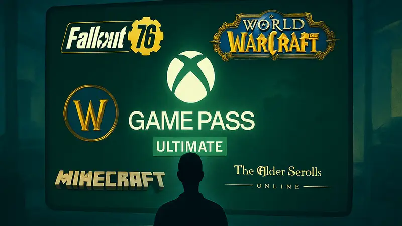 Логотипы игр Fallout 76, World of Warcraft, Minecraft и The Elder Scrolls Online на фоне Game Pass Ultimate