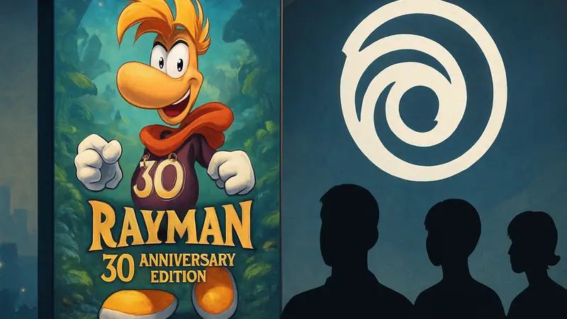 Обложка Rayman: 30th Anniversary Edition с улыбающимся Рэйменом на фоне логотипа Ubisoft, юбилейный релиз