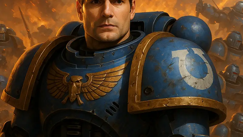 Генри Кавилл в броне Warhammer, на фоне эпического сражения космических морпехов