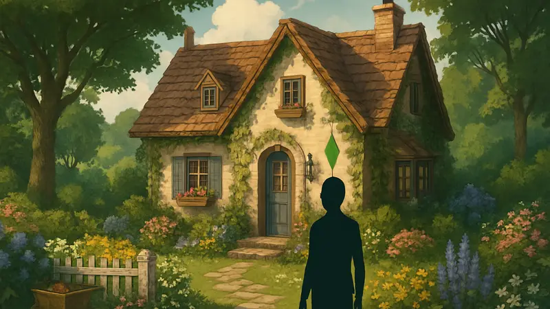 Уютный загородный коттедж, построенный игроком в The Sims 4, с красивым ландшафтом и декорациями