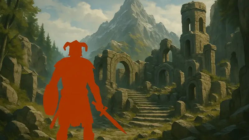 Герой Skyrim исследует руины, на фоне горы