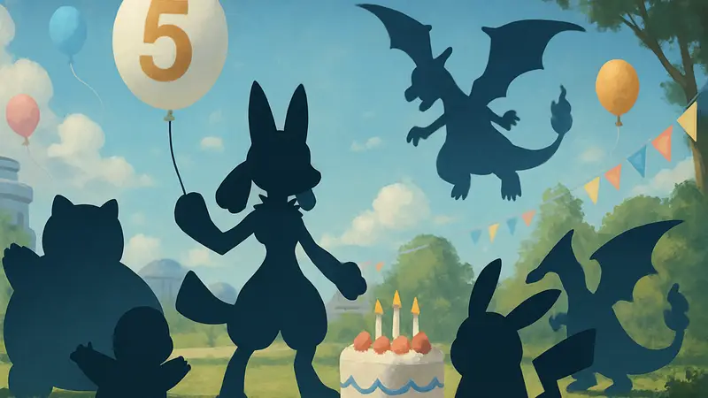 Изображение покемонов из Pokemon Unite, празднующих пятилетний юбилей игры.