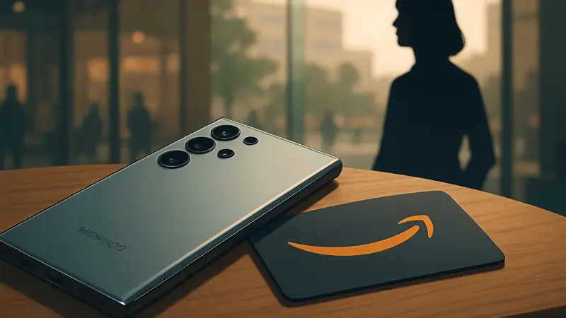 Новый смартфон Samsung Galaxy S26 Ultra, лежащий рядом с подарочной картой Amazon, символизирующий выгодное предложение.