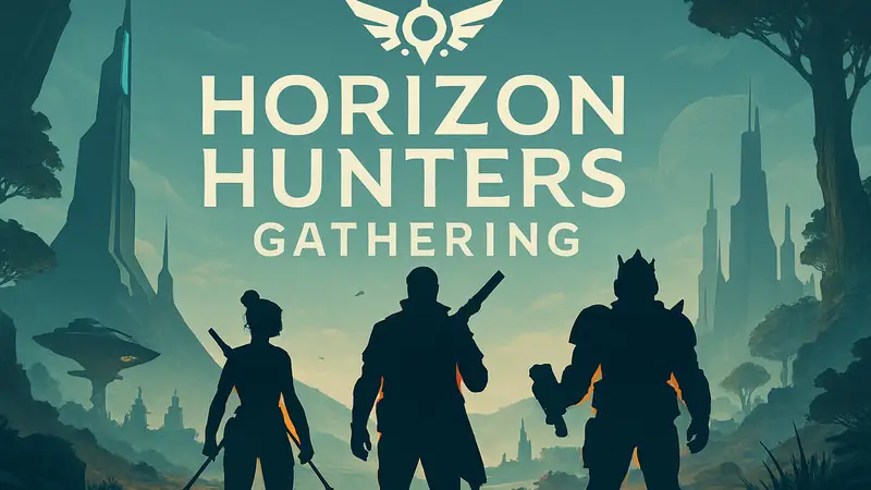 Логотип Horizon Hunters Gathering с изображением охотников в футуристическом мире.