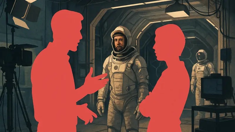 Райан Гослинг и Сандра Хюллер на съёмочной площадке фильма «Проект “Аве Мария”» обсуждают романтические сцены.