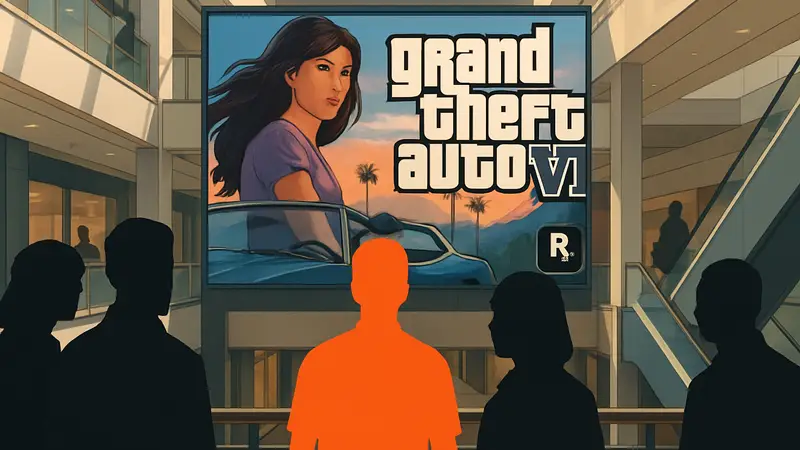 Рекламный баннер GTA 6, замеченный фанатами в торговом центре, логотип Rockstar Games.