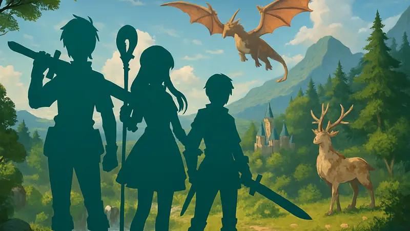 Игровой арт Rune Factory: Guardians of Azuma с главными героями и фантастическими существами на фоне живописного пейзажа