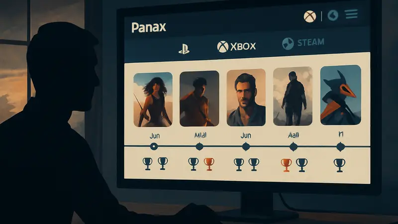 Интерфейс сервиса Panax, показывающий игровую историю аккаунта PSN, Xbox и Steam на временной линии