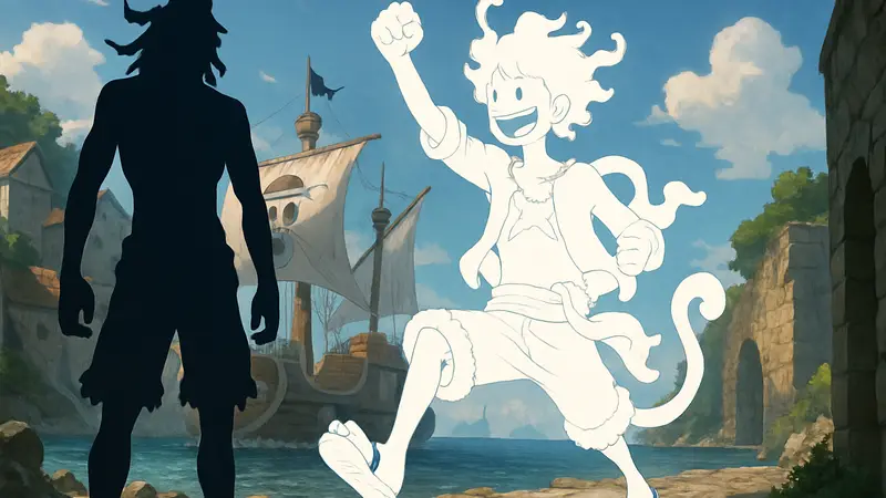Луффи в форме Ника и силуэт загадочного персонажа из манги One Piece, представляющий бывшего пользователя фрукта.