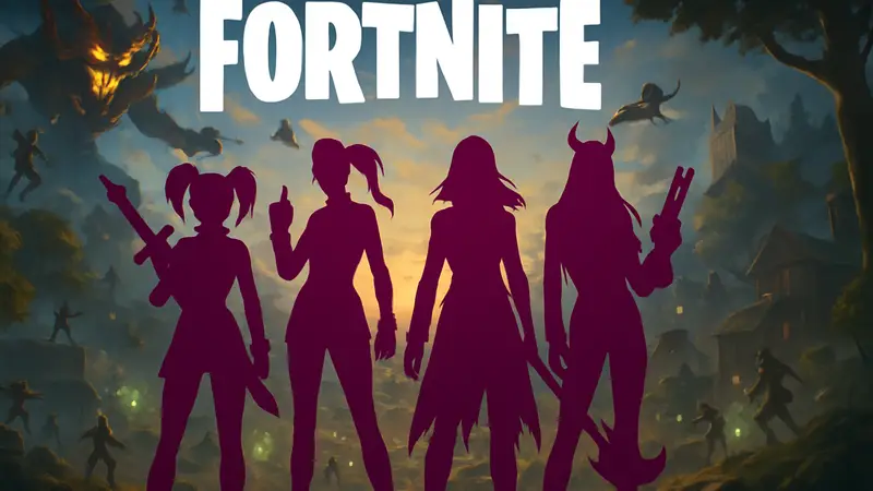 Обложка Fortnite с персонажами KPop Demon Hunters на фоне динамичной сцены, логотип игры.