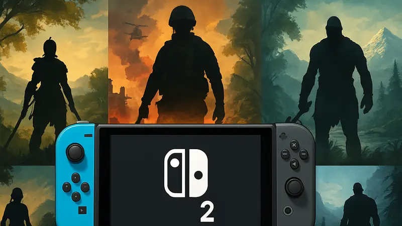 Логотип или изображение консоли Nintendo Switch 2, с фоновыми изображениями популярных игр
