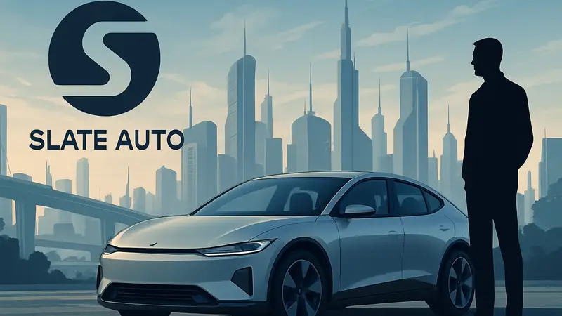 Электромобиль Slate Auto и логотип компании, на фоне футуристического города.