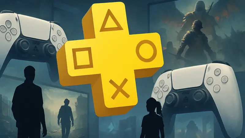 Логотип PlayStation Plus на фоне игровых контроллеров и анонсов новых игр
