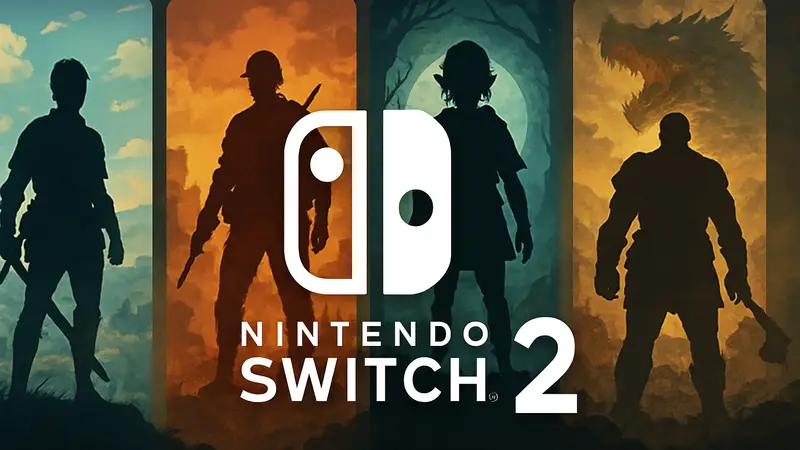 Логотип Nintendo Switch 2 с четырьмя обложками игр на заднем плане, анонсирующими релизы апреля 2026.