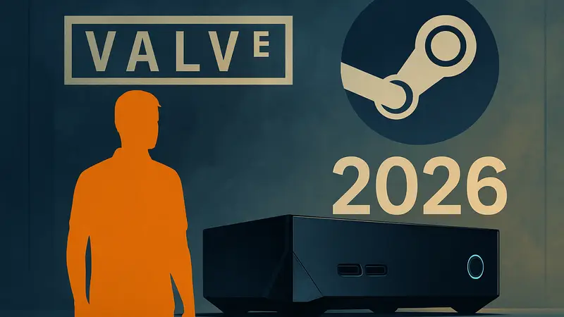 Консоль Steam Machine на фоне логотипа Valve и Steam, с датой "июнь 2026".