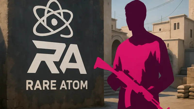 Игрок x9 на фоне логотипа киберспортивной команды Rare Atom перед матчем CS2.