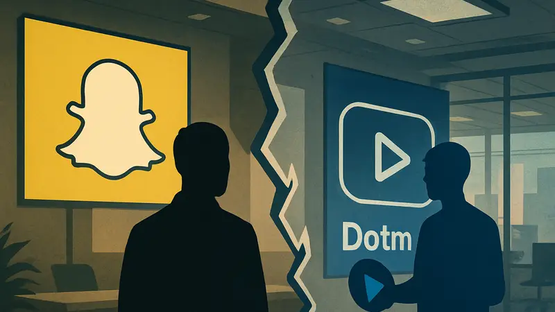 Схематичное изображение разделения Snap и появления Dotmo, с фокусом на ИИ-видео технологиях.