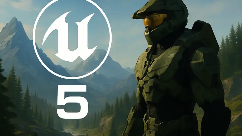 Логотип Unreal Engine 5 на фоне Master Chief из Halo.