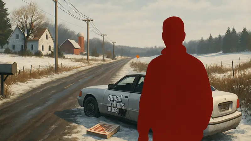 Скриншот из мода GTA 4, показывающий сельскую местность Висконсина в стиле «Фарго»