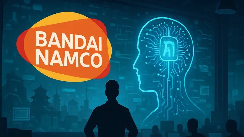 Логотип Bandai Namco и графическое представление искусственного интеллекта, символизирующее разработку игр.