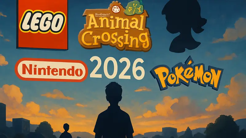 Коллаж из логотипов LEGO, Nintendo, Animal Crossing, Zelda и Pokémon на тему новинок 2026 года.