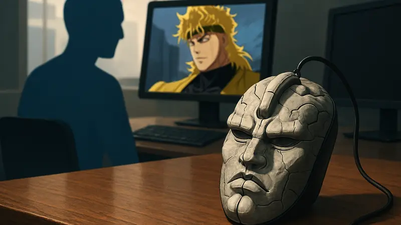Мышь для ПК в форме Каменной Маски из аниме JoJo's Bizarre Adventure на рабочем столе.