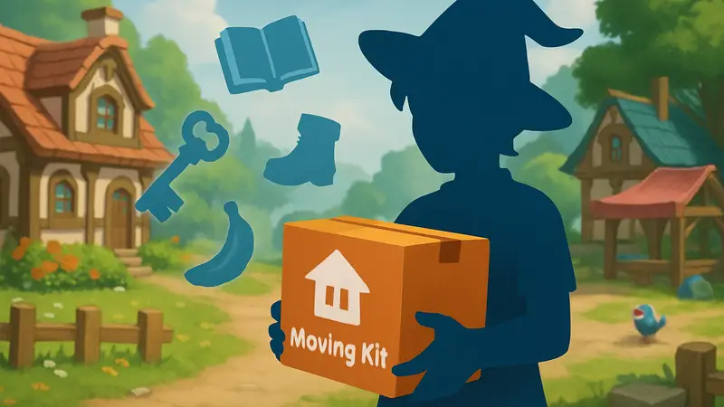 Игровой персонаж в Pokopia, держащий набор для переезда, с потерянными предметами