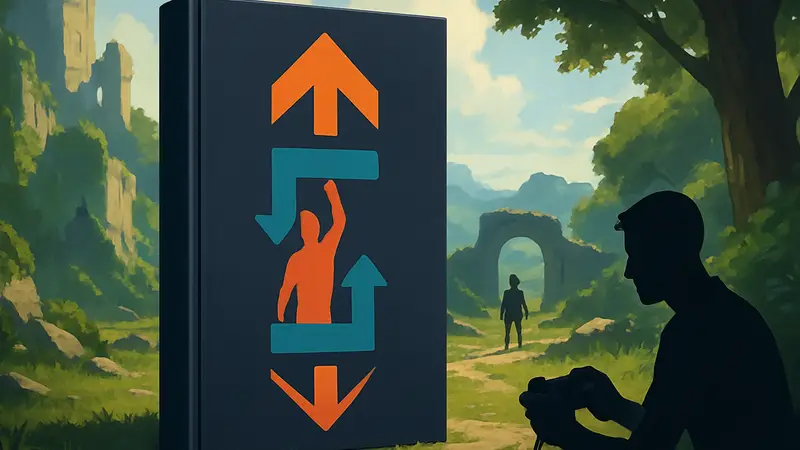 Обложка книги "Вверх, вниз, вверх" про геймдев, на фоне графики компьютерной игры.