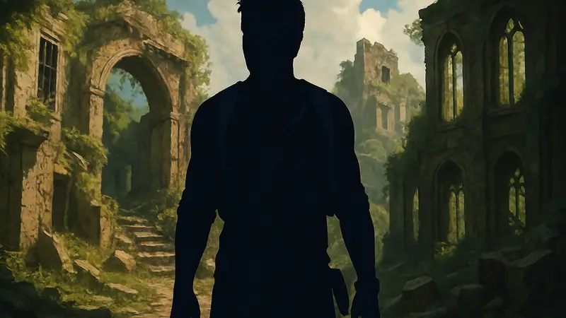 Главный герой Uncharted 4, Натан Дрейк, стоящий на фоне руин, символизирующих трудности разработки.