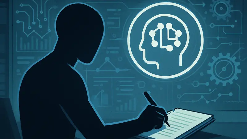 Схематичное изображение ИИ-агента, переписывающего свои навыки, с символом LLM на фоне.