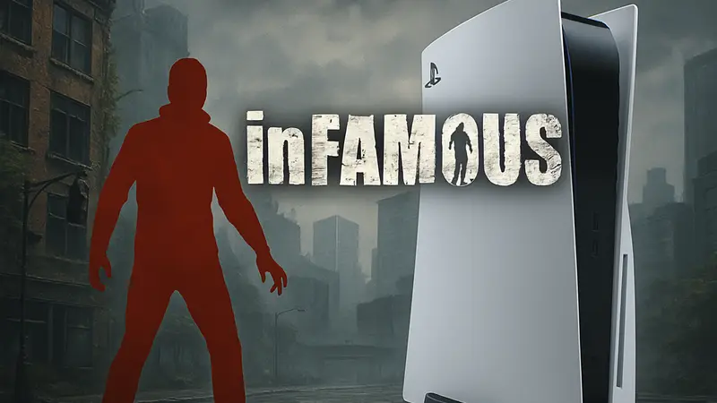 Логотип игры inFamous на фоне консоли PlayStation.