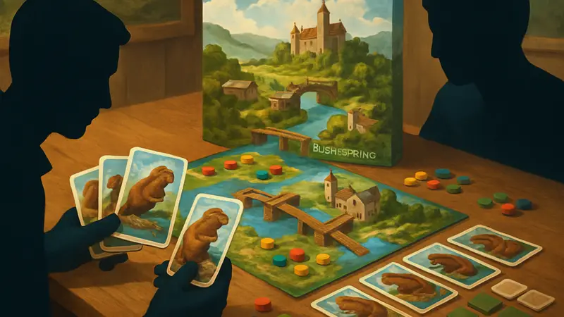 Игровой стол с компонентами настольной евроигры Kingdom Crossing: карточки бобров, мосты, королевство Брайтспринг.